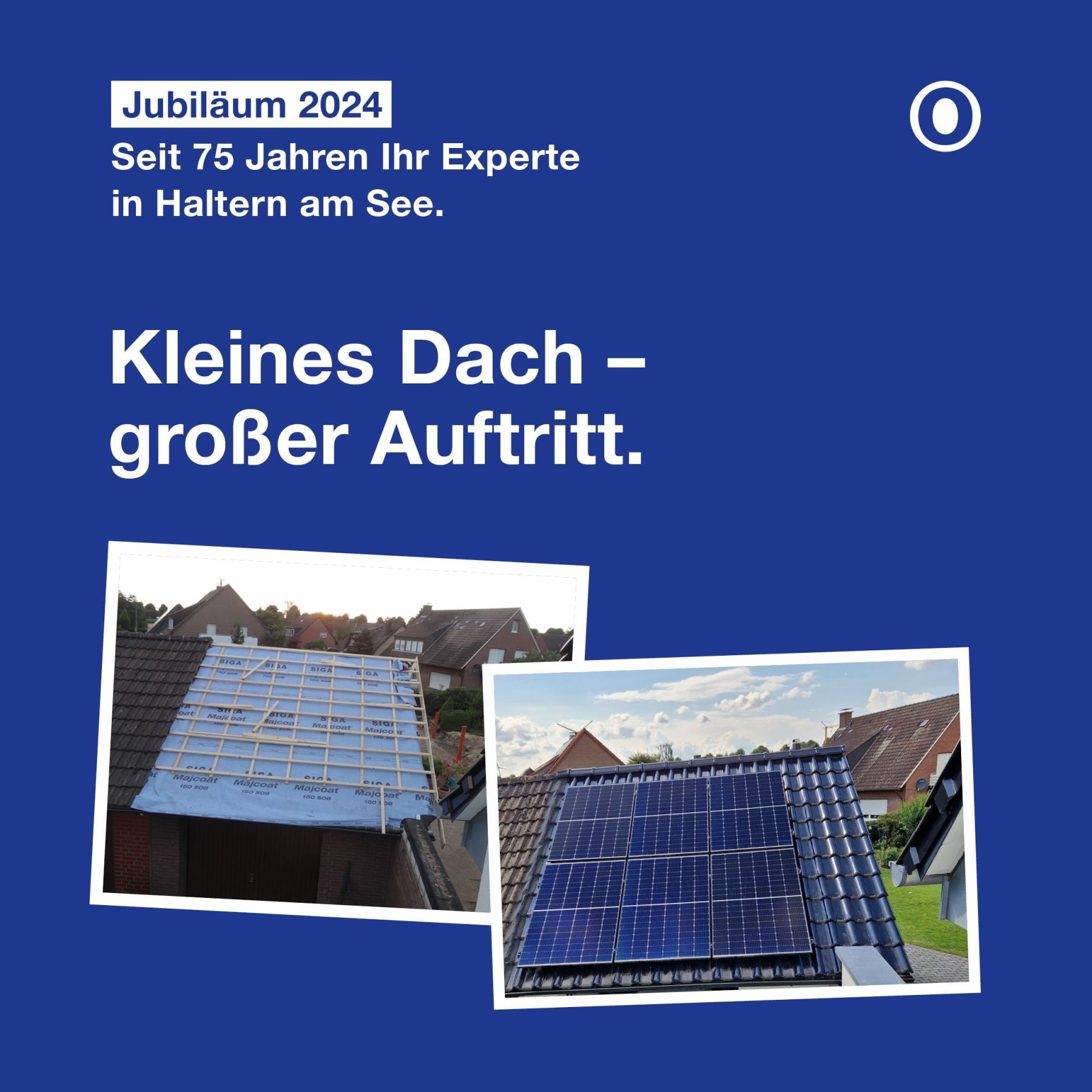 Zwei Fotos von Dächern mit Solaranlagen, blauer Hintergrund mit weißem Text zur Jubiläumswerbung.