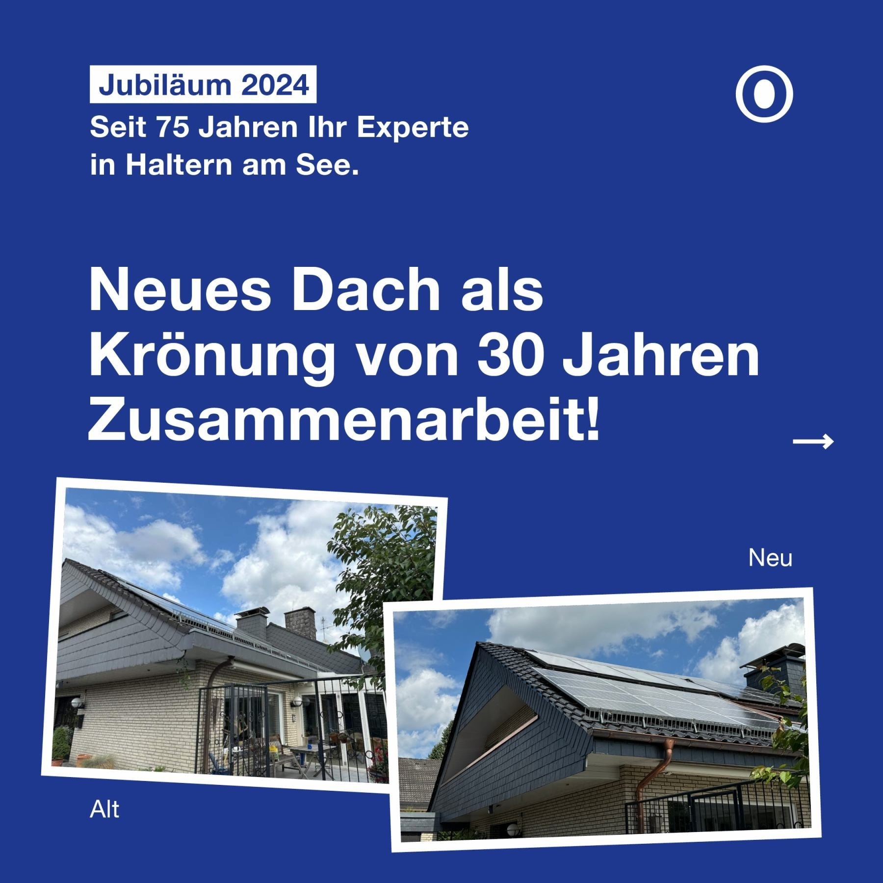 Zwei Gebäude, Dach früher und jetzt, Wolkenhimmel, Text zu Jubiläum und Neubau.